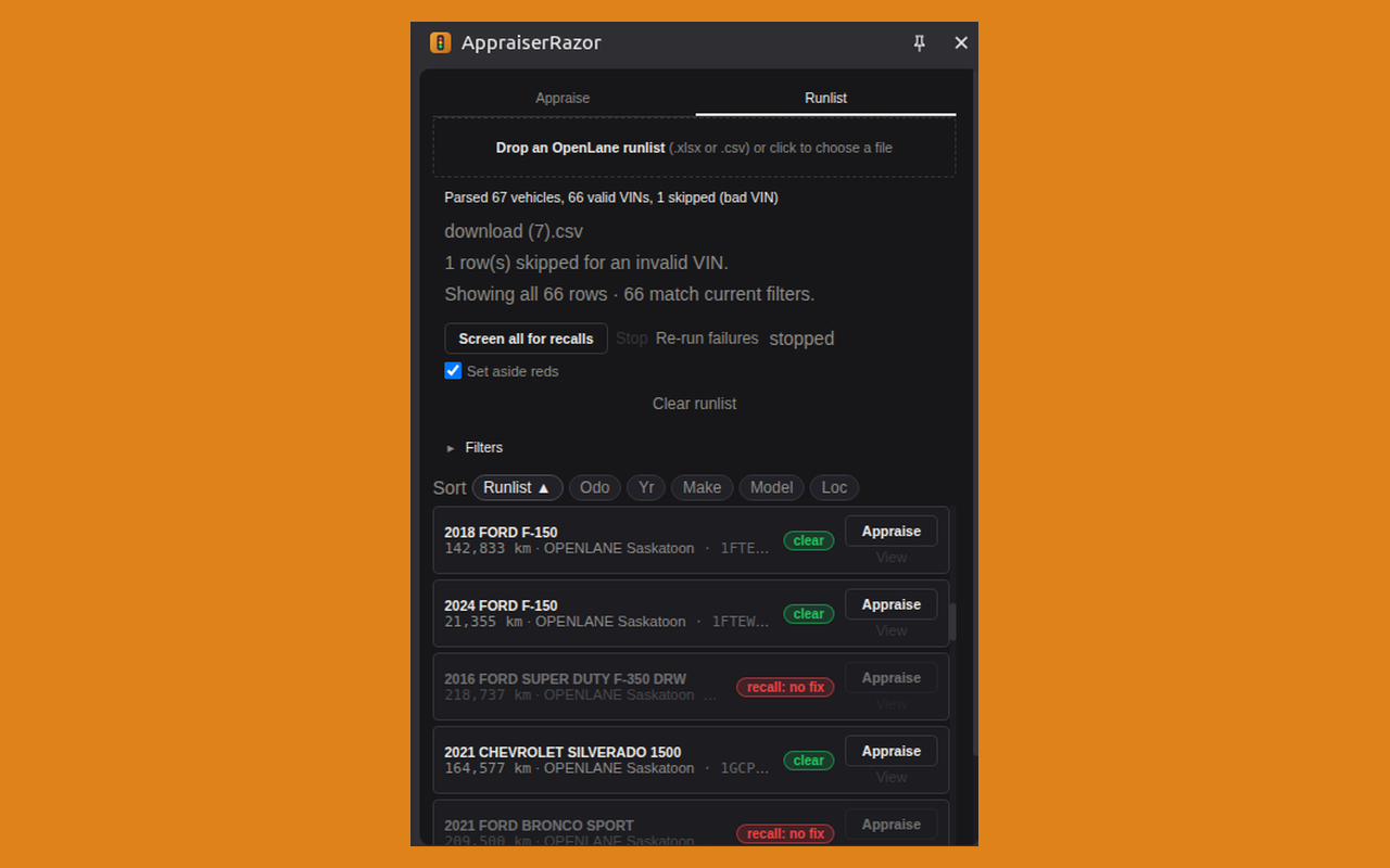 AppraiserRazor side panel showing an imported OpenLane runlist, each vehicle marked clear or recall: no fix.