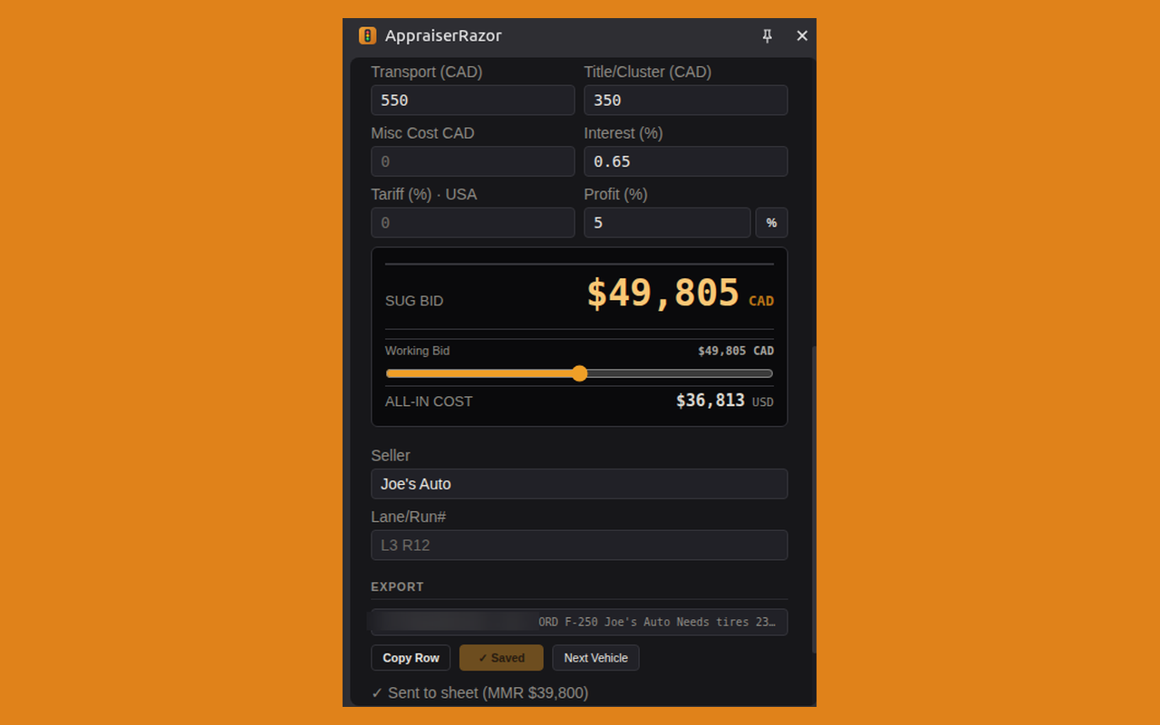 AppraiserRazor cost calculator showing a suggested bid, working bid slider and all-in cost.