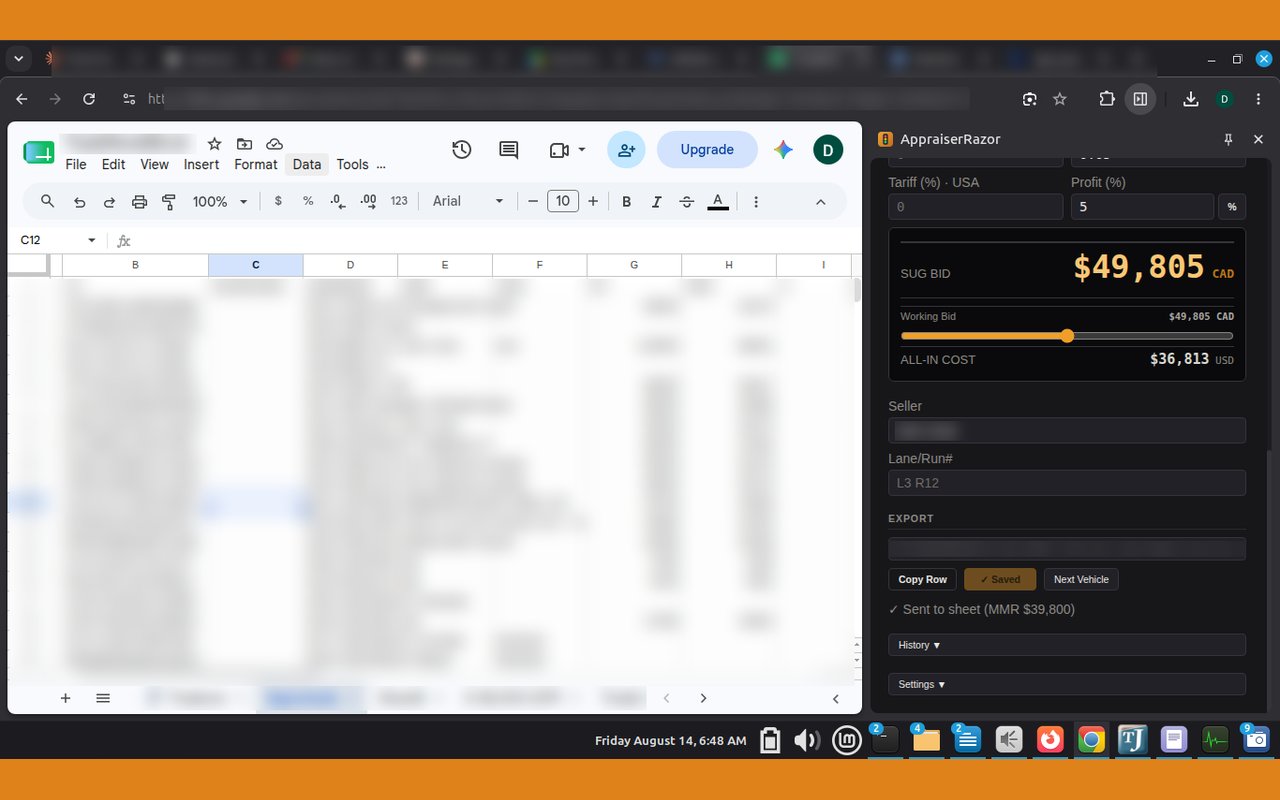 AppraiserRazor open in Chrome's side panel next to a Google Sheet.